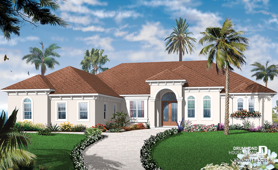front - BASE MODEL - 4 bedroom Mediteraneanm home plan with 10' ceilngs and triple garage - Whitehurst