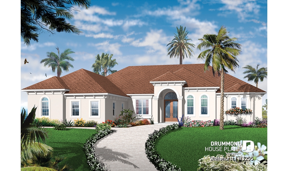 front - BASE MODEL - 4 bedroom Mediteraneanm home plan with 10' ceilngs and triple garage - Whitehurst