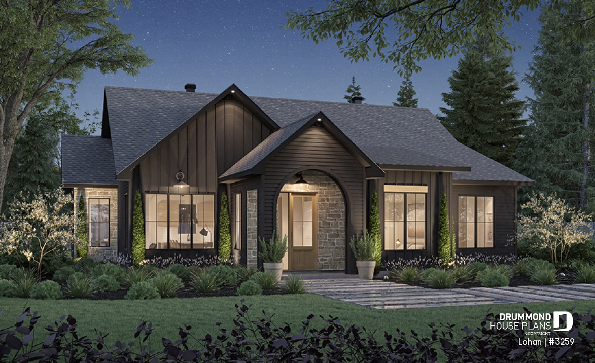front - BASE MODEL - Single level house plan with 4 bedrooms, 2 bathrooms, kitchen with small pantry and master suite - Lohan