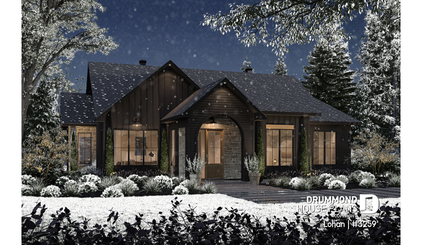 front - BASE MODEL - Single level house plan with 4 bedrooms, 2 bathrooms, kitchen with small pantry and master suite - Lohan