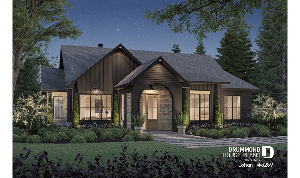 front - BASE MODEL - Single level house plan with 4 bedrooms, 2 bathrooms, kitchen with small pantry and master suite - Lohan