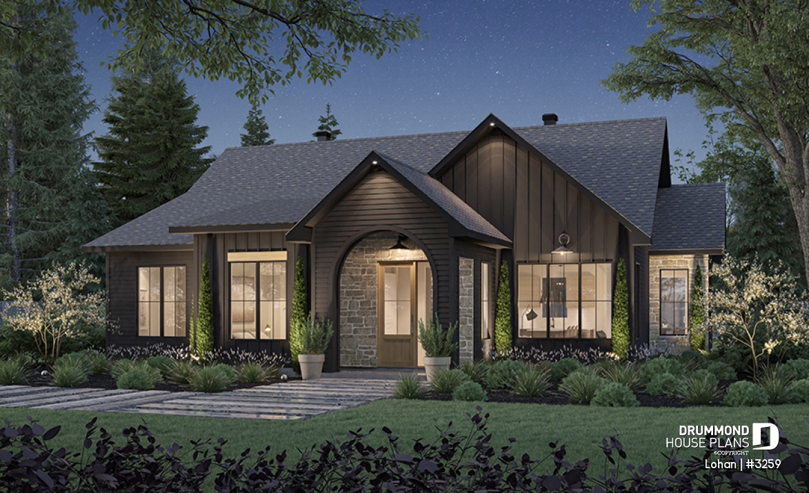 front - BASE MODEL - Single level house plan with 4 bedrooms, 2 bathrooms, kitchen with small pantry and master suite - Lohan