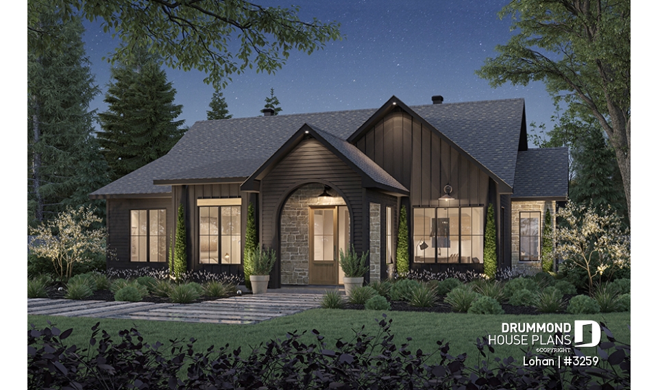 front - BASE MODEL - Single level house plan with 4 bedrooms, 2 bathrooms, kitchen with small pantry and master suite - Lohan