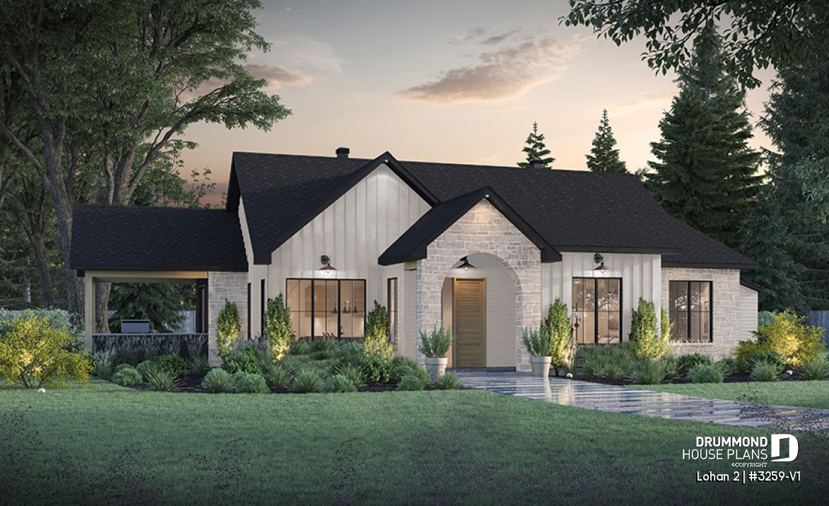 front - BASE MODEL - Spacious single-storey house plan, floating slab, 3 beds, 2 bathrooms, large kitchen island with bench seat - Lohan 2