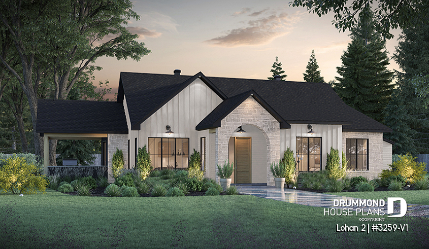 front - BASE MODEL - Spacious single-storey house plan, floating slab, 3 beds, 2 bathrooms, large kitchen island with bench seat - Lohan 2