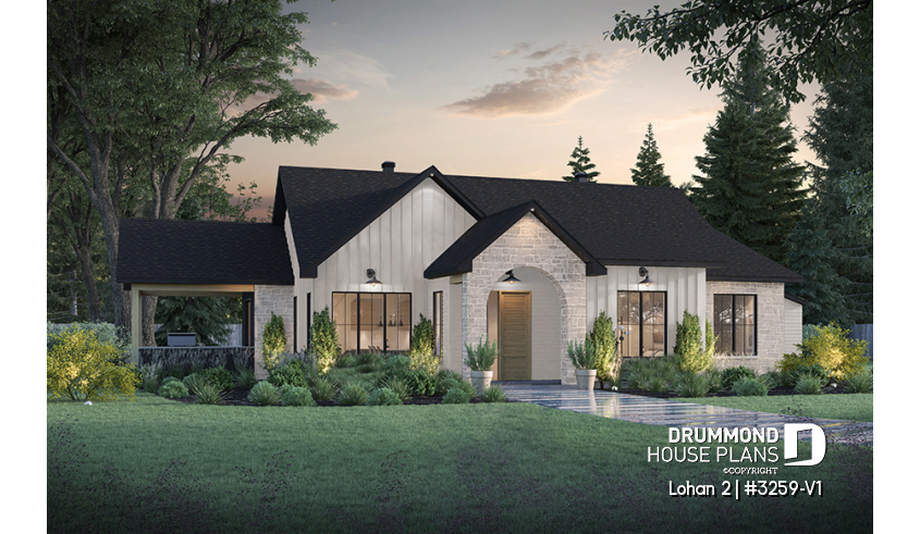 front - BASE MODEL - Spacious single-storey house plan, floating slab, 3 beds, 2 bathrooms, large kitchen island with bench seat - Lohan 2