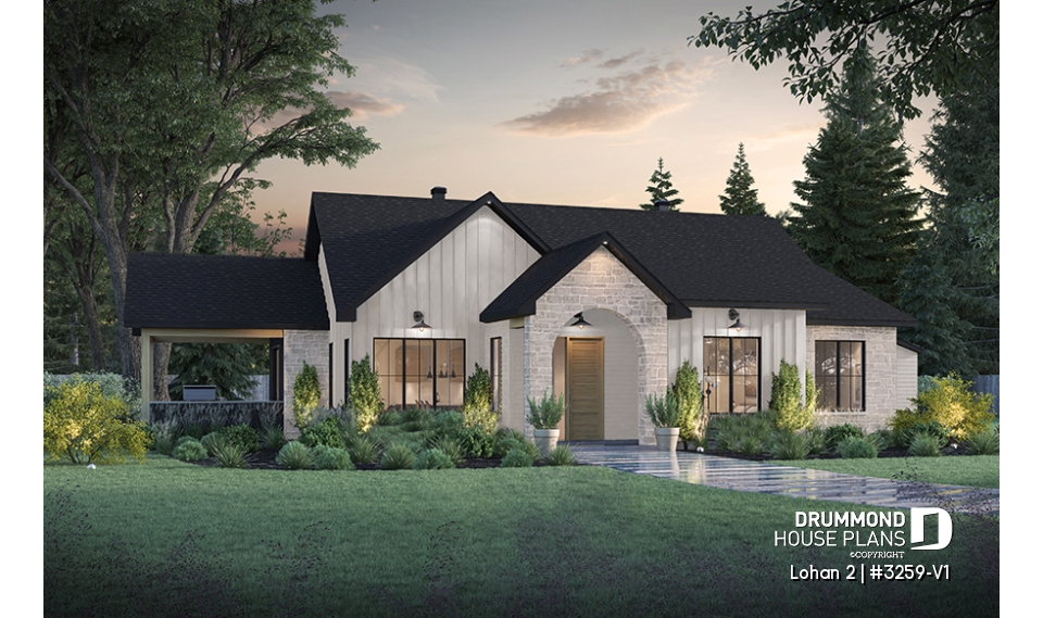 front - BASE MODEL - Spacious single-storey house plan, floating slab, 3 beds, 2 bathrooms, large kitchen island with bench seat - Lohan 2