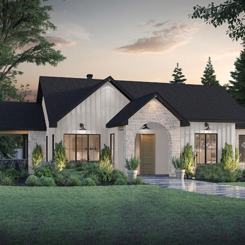 front - BASE MODEL - Spacious single-storey house plan, floating slab, 3 beds, 2 bathrooms, large kitchen island with bench seat - Lohan 2
