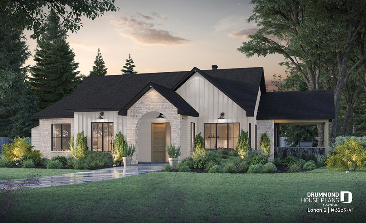 front - BASE MODEL - Spacious single-storey house plan, floating slab, 3 beds, 2 bathrooms, large kitchen island with bench seat - Lohan 2