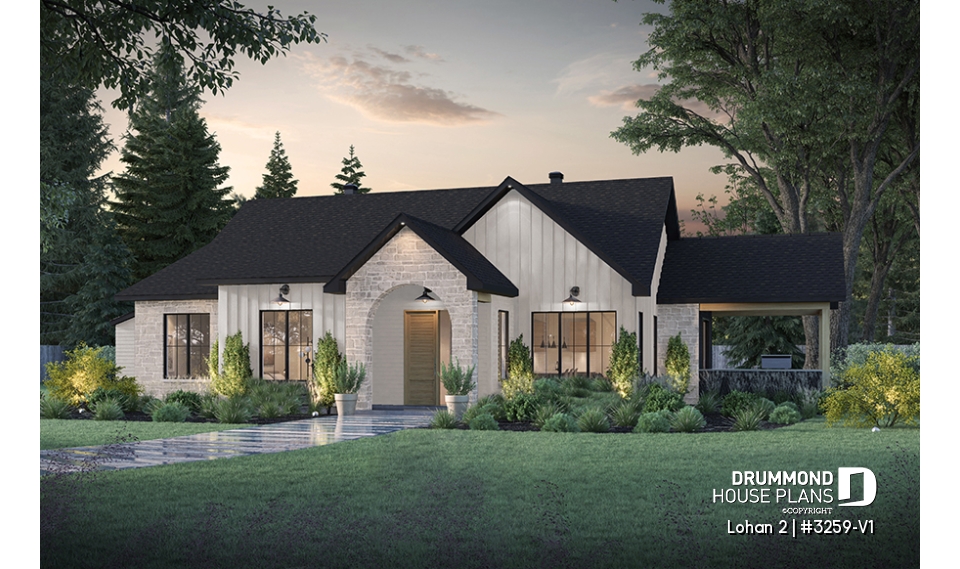 front - BASE MODEL - Spacious single-storey house plan, floating slab, 3 beds, 2 bathrooms, large kitchen island with bench seat - Lohan 2