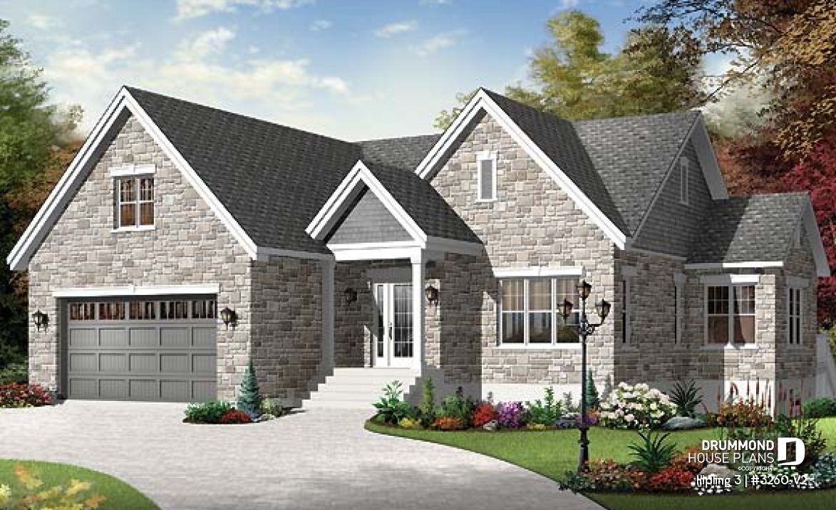 front - BASE MODEL - One storey transitional style home, 2 bedrooms, with double garage and bonus space - Kipling 3