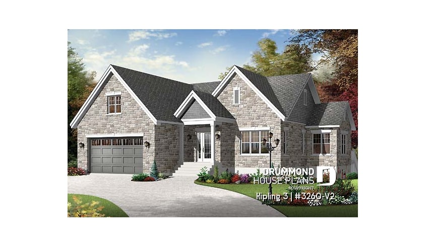 front - BASE MODEL - One storey transitional style home, 2 bedrooms, with double garage and bonus space - Kipling 3
