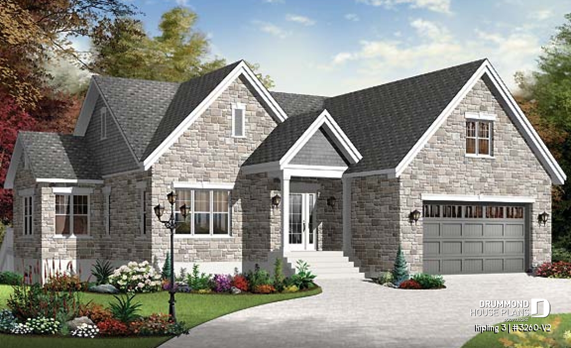 front - BASE MODEL - One storey transitional style home, 2 bedrooms, with double garage and bonus space - Kipling 3