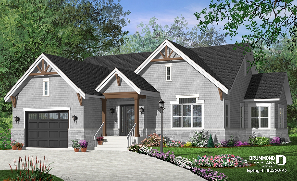 Color version 1 - Front - Contemporary Craftsman house plan, 3 bedrooms, master suite, fireplace, open floor plan layout, 2-car garage - Kipling 4