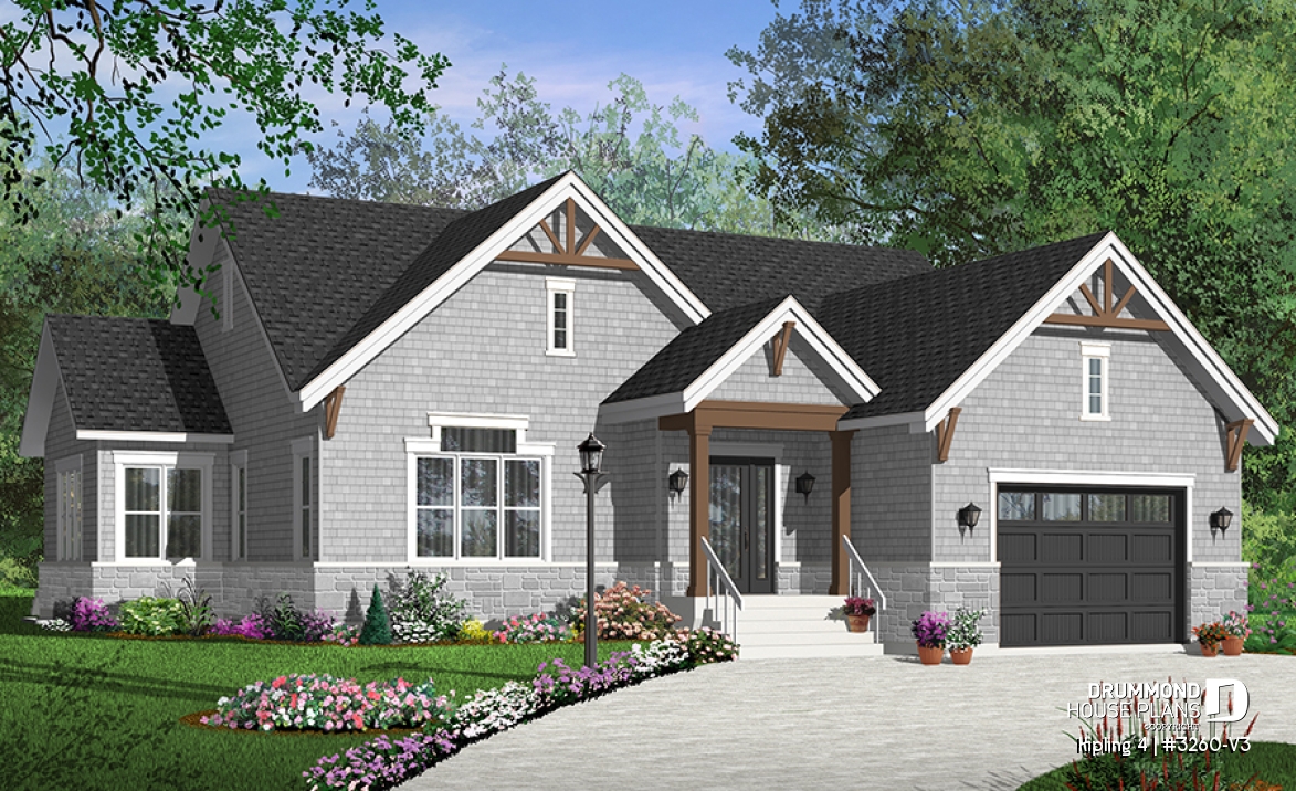 Color version 1 - Front - Contemporary Craftsman house plan, 3 bedrooms, master suite, fireplace, open floor plan layout, 2-car garage - Kipling 4