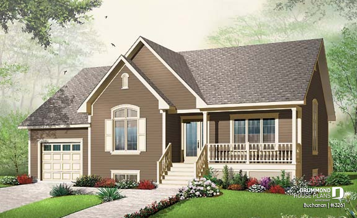 front - BASE MODEL - Ranch style 2 bedroom bungalow home plan, one-car garage (with storage), kitchen with pantry and planning desk - Buchanan