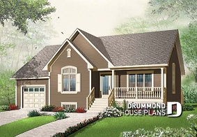 front - BASE MODEL - Ranch style 2 bedroom bungalow home plan, one-car garage (with storage), kitchen with pantry and planning desk - Buchanan