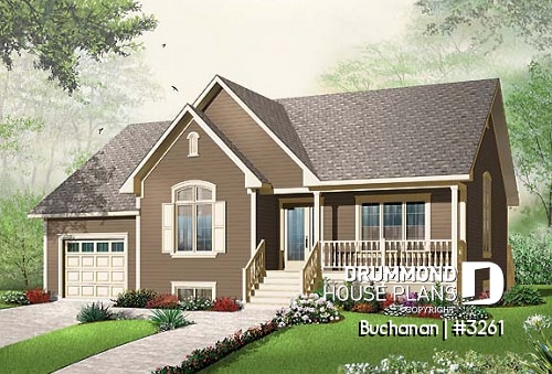 front - BASE MODEL - Ranch style 2 bedroom bungalow home plan, one-car garage (with storage), kitchen with pantry and planning desk - Buchanan