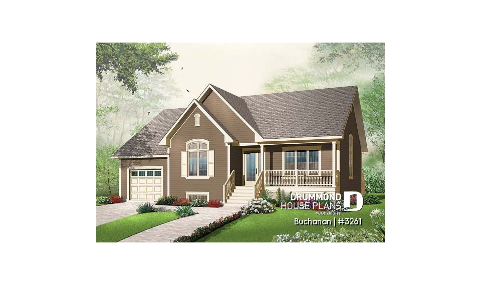 front - BASE MODEL - Ranch style 2 bedroom bungalow home plan, one-car garage (with storage), kitchen with pantry and planning desk - Buchanan