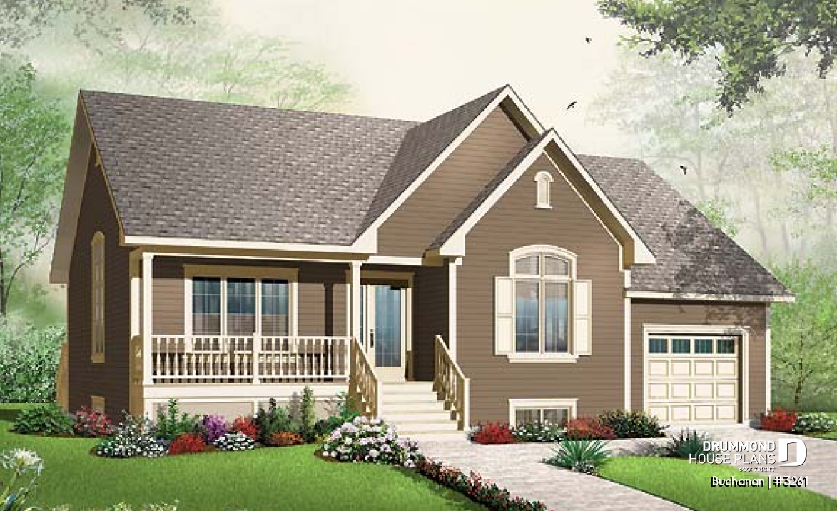 front - BASE MODEL - Ranch style 2 bedroom bungalow home plan, one-car garage (with storage), kitchen with pantry and planning desk - Buchanan