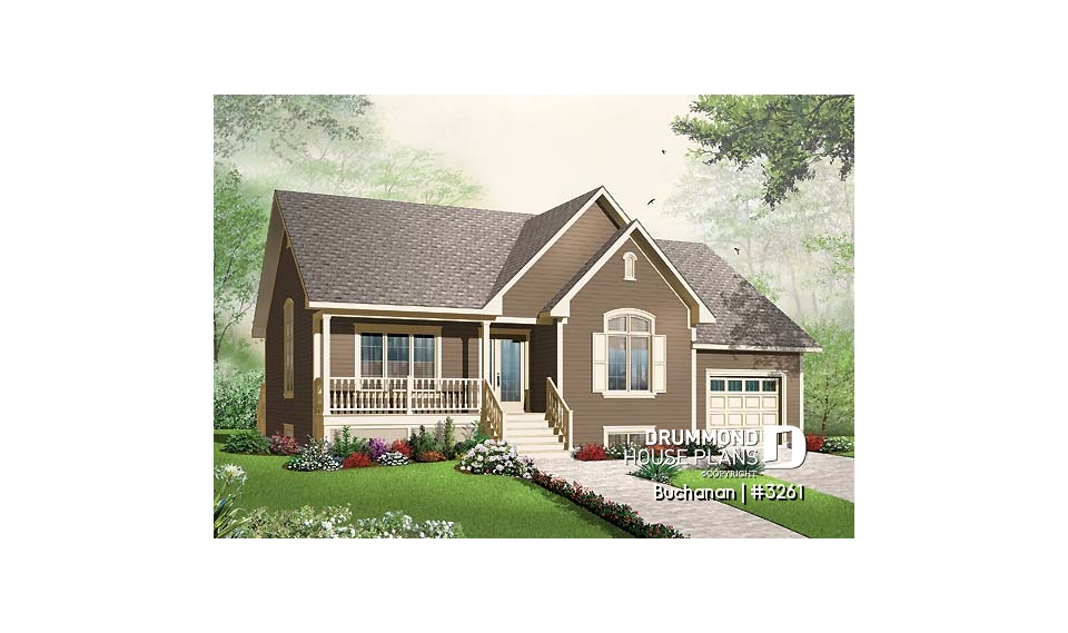 front - BASE MODEL - Ranch style 2 bedroom bungalow home plan, one-car garage (with storage), kitchen with pantry and planning desk - Buchanan