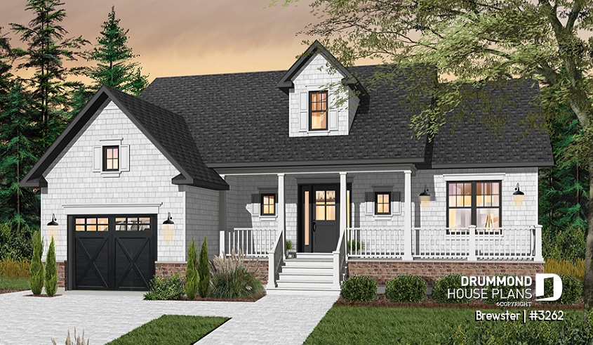 Color version 2 - Front - Small Country style bungalow house plan with garage, cathedral ceiling, bonus storage above garage - Brewster