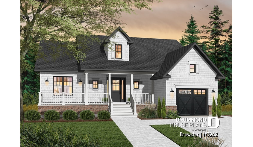 Color version 2 - Front - Small Country style bungalow house plan with garage, cathedral ceiling, bonus storage above garage - Brewster