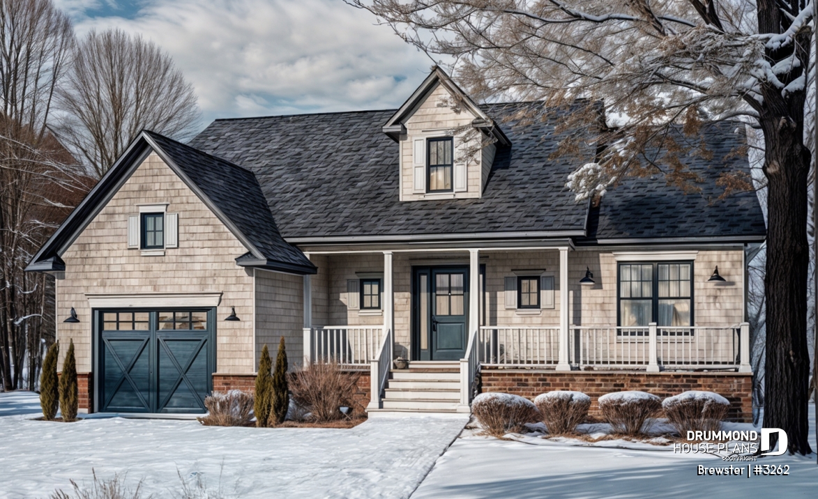 front - BASE MODEL - Small Country style bungalow house plan with garage, cathedral ceiling, bonus storage above garage - Brewster