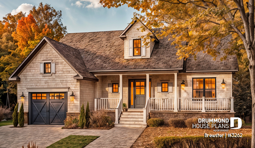 front - BASE MODEL - Small Country style bungalow house plan with garage, cathedral ceiling, bonus storage above garage - Brewster