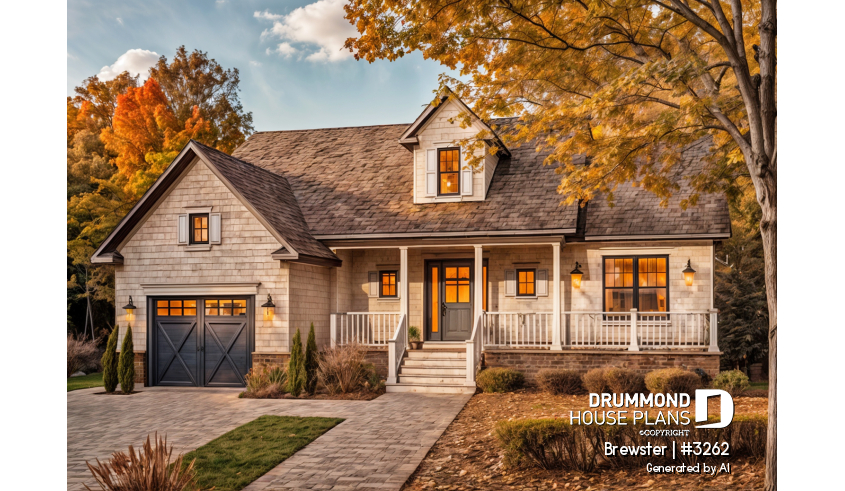 front - BASE MODEL - Small Country style bungalow house plan with garage, cathedral ceiling, bonus storage above garage - Brewster