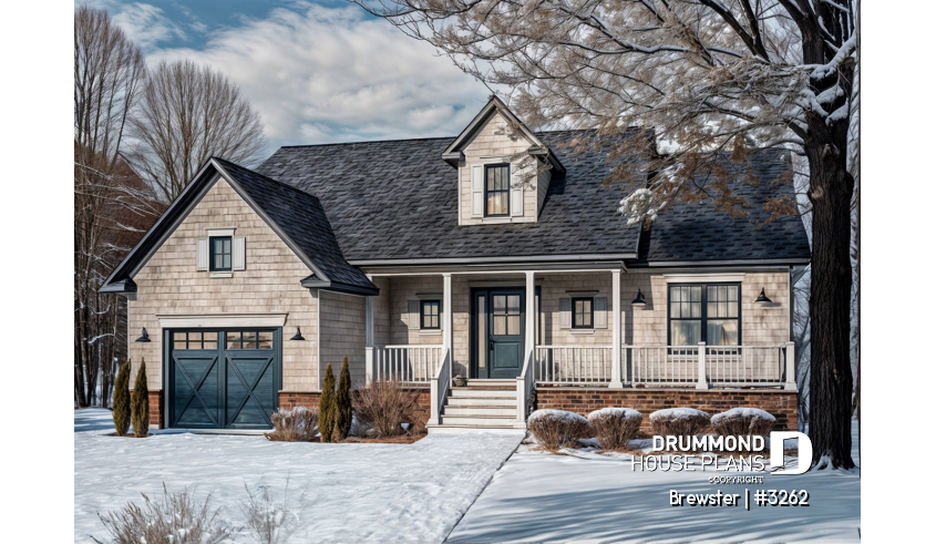 front - BASE MODEL - Small Country style bungalow house plan with garage, cathedral ceiling, bonus storage above garage - Brewster