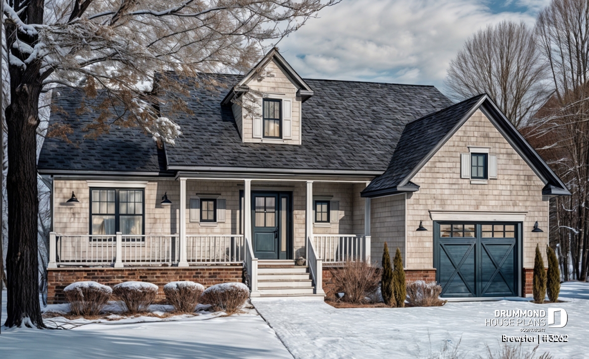front - BASE MODEL - Small Country style bungalow house plan with garage, cathedral ceiling, bonus storage above garage - Brewster