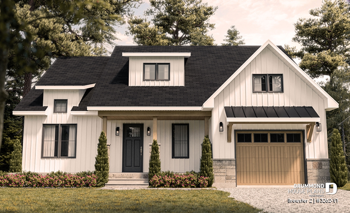 front - BASE MODEL - Modern Farmhouse Bungalow Plan with Garage, Fireplace and Optional Basement - Brewster 2