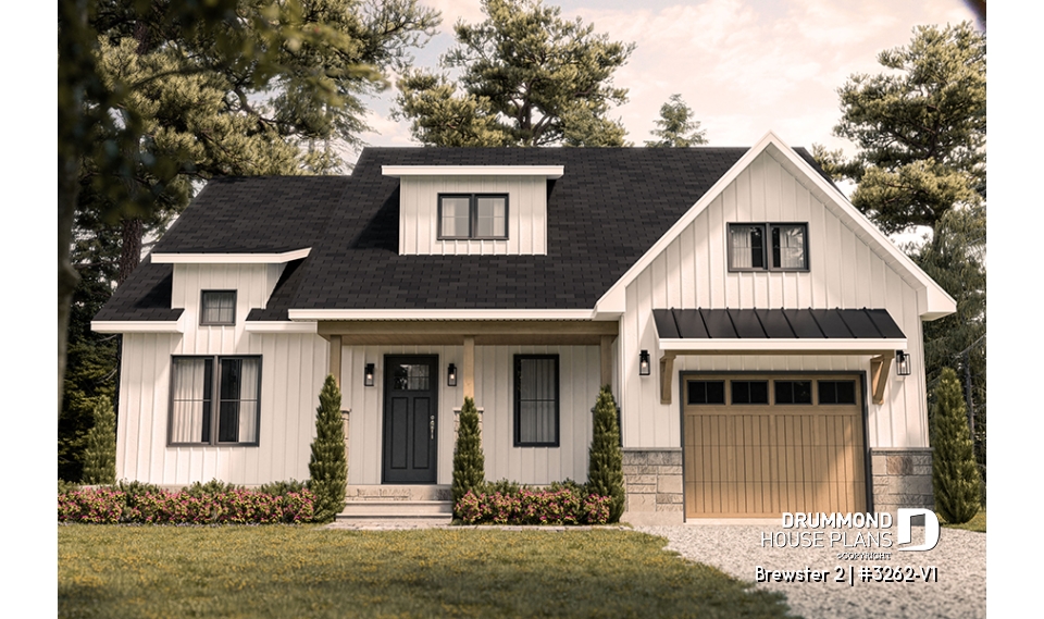 front - BASE MODEL - Modern Farmhouse Bungalow Plan with Garage, Fireplace and Optional Basement - Brewster 2