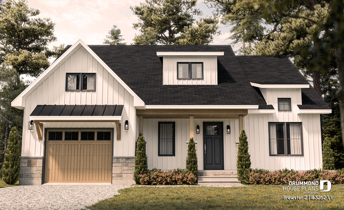 front - BASE MODEL - Modern Farmhouse Bungalow Plan with Garage, Fireplace and Optional Basement - Brewster 2