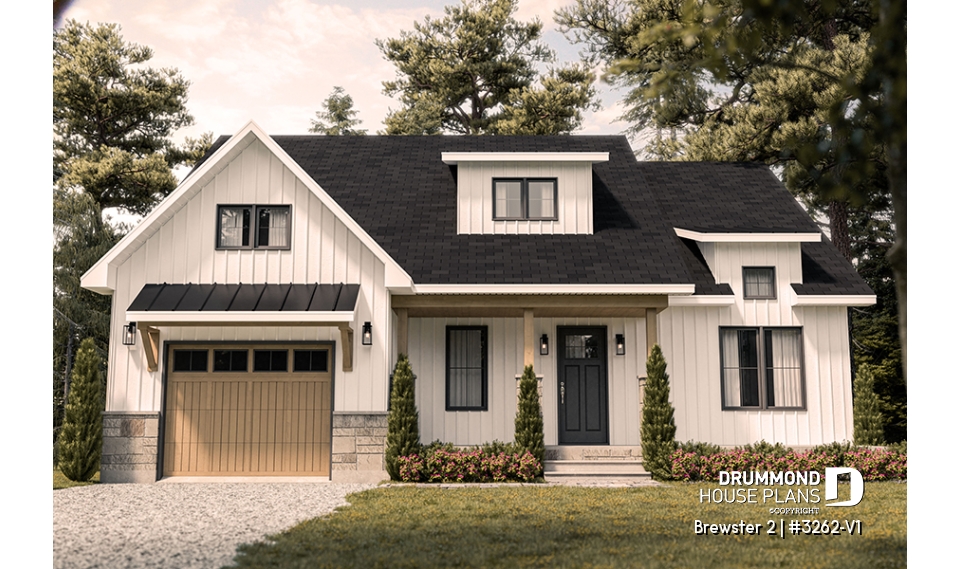 front - BASE MODEL - Modern Farmhouse Bungalow Plan with Garage, Fireplace and Optional Basement - Brewster 2