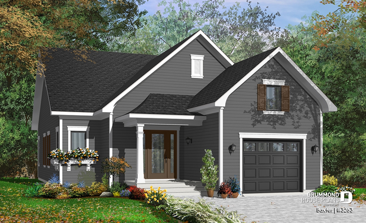 Color version 2 - Front - Beautiful Single storey house plan with two bedrooms and laundry area on main floor, garage, open concept - Baxter