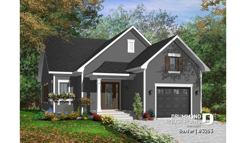 Color version 2 - Front - Beautiful Single storey house plan with two bedrooms and laundry area on main floor, garage, open concept - Baxter