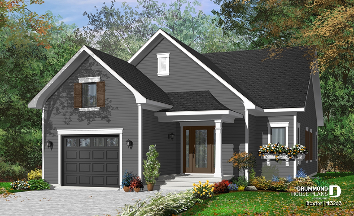 Color version 2 - Front - Beautiful Single storey house plan with two bedrooms and laundry area on main floor, garage, open concept - Baxter