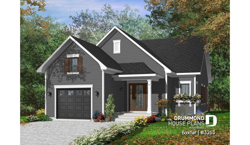 Color version 2 - Front - Beautiful Single storey house plan with two bedrooms and laundry area on main floor, garage, open concept - Baxter