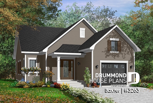 Color version 4 - Front - Beautiful Single storey house plan with two bedrooms and laundry area on main floor, garage, open concept - Baxter