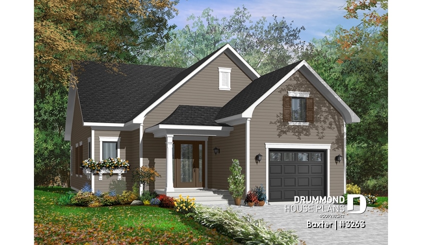 Color version 4 - Front - Beautiful Single storey house plan with two bedrooms and laundry area on main floor, garage, open concept - Baxter