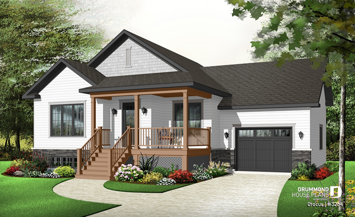 Color version 2 - Front - 2 bedroom with large front porch, Craftsman home design, foyer and garage access to basement - Crocus