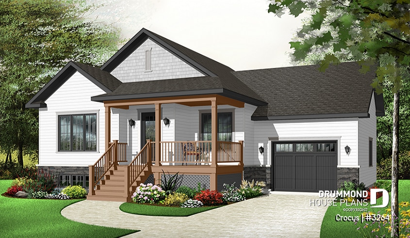 Color version 2 - Front - 2 bedroom with large front porch, Craftsman home design, foyer and garage access to basement - Crocus