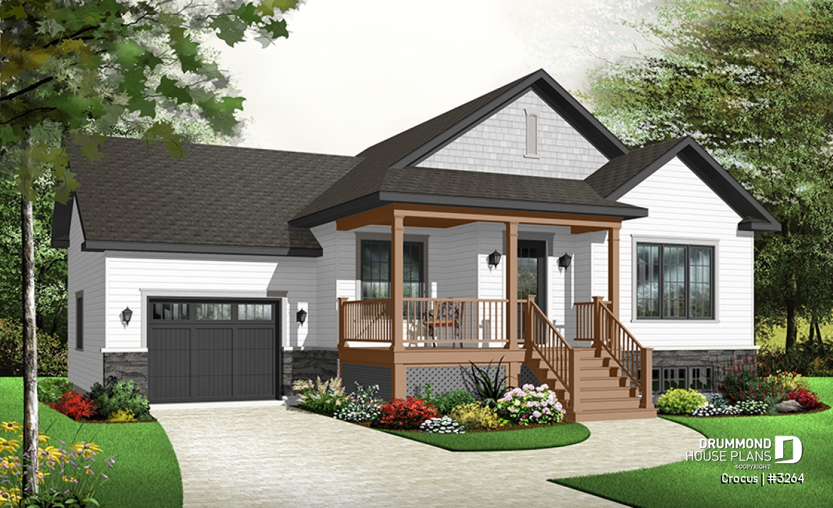 Color version 2 - Front - 2 bedroom with large front porch, Craftsman home design, foyer and garage access to basement - Crocus