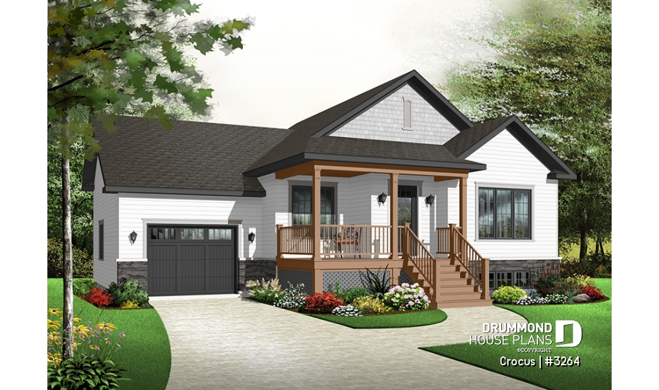 Color version 2 - Front - 2 bedroom with large front porch, Craftsman home design, foyer and garage access to basement - Crocus