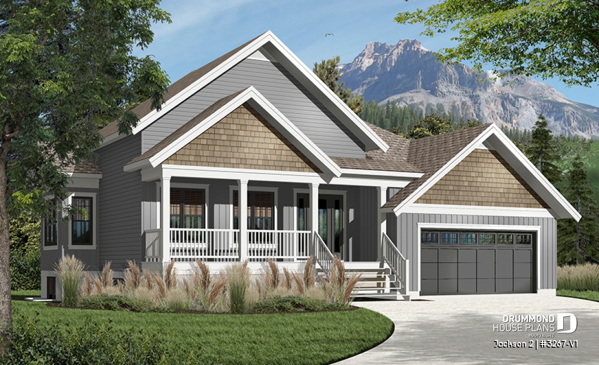 Color version 3 - Front - Craftsman 1 to 4 bedroom bungalow house plan with game room and 2 living rooms, master bed on main floor - Jackson 2