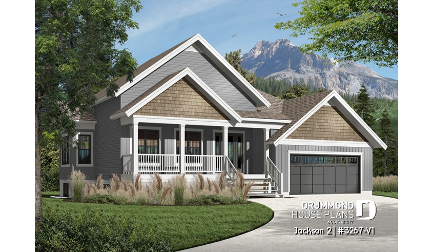 Color version 3 - Front - Craftsman 1 to 4 bedroom bungalow house plan with game room and 2 living rooms, master bed on main floor - Jackson 2