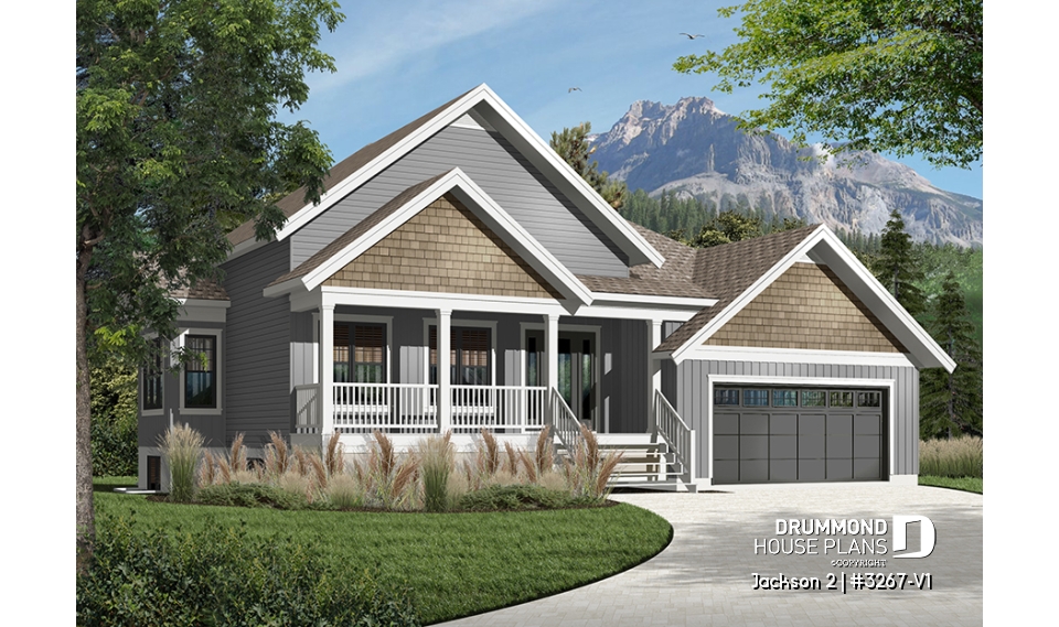Color version 3 - Front - Craftsman 1 to 4 bedroom bungalow house plan with game room and 2 living rooms, master bed on main floor - Jackson 2