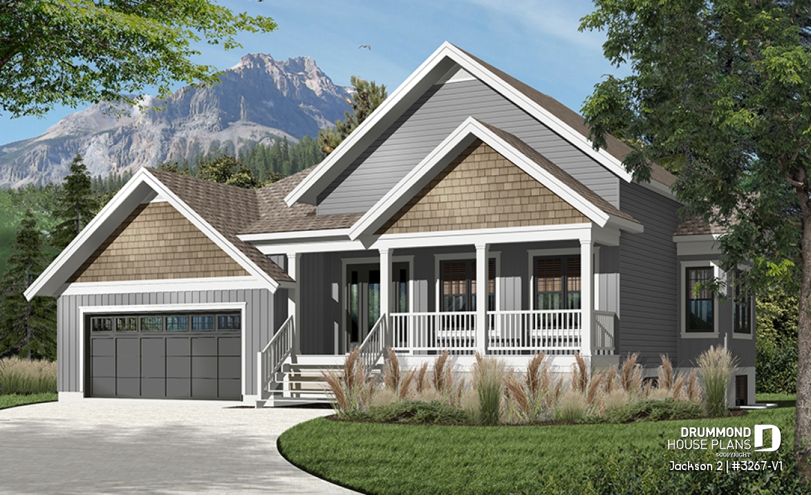Color version 3 - Front - Craftsman 1 to 4 bedroom bungalow house plan with game room and 2 living rooms, master bed on main floor - Jackson 2